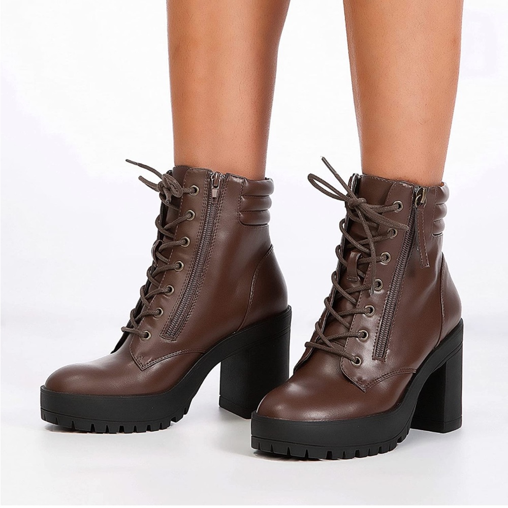 REDTOP Women's Ankle Booties Round Toe Zipper Lace Up Chunky High Heel